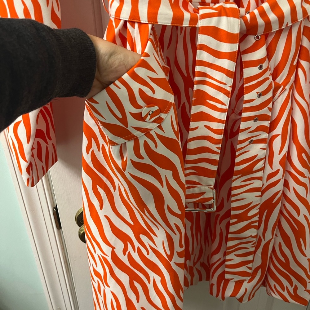 Samuel Dong Orange and White Zebra Print Trench Coat / Dress - Picture 3 of 8